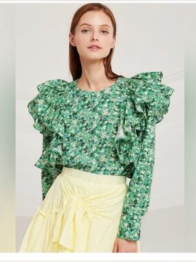 STORETS 100% Cotton Delilah Green Floral Ruffle Blouse - Size: S/M